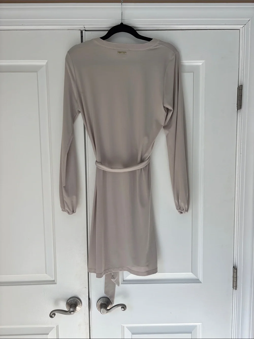 Michael Kors Long-Sleeve V-Neck Belted Dress in Light Taupe